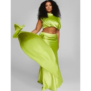 Fashion To Figure X Leslie Sidora Green Anaisa Drape Detail Satin Maxi Skirt